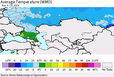 Russian Federation Average Temperature (WMO) Thematic Map For 3/4/2024 - 3/10/2024