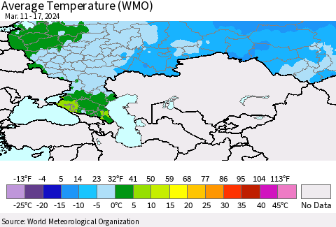 Russian Federation Average Temperature (WMO) Thematic Map For 3/11/2024 - 3/17/2024