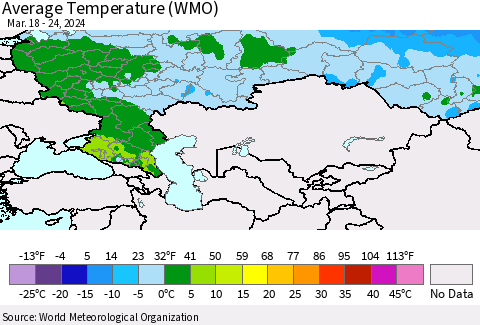 Russian Federation Average Temperature (WMO) Thematic Map For 3/18/2024 - 3/24/2024