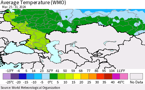 Russian Federation Average Temperature (WMO) Thematic Map For 3/25/2024 - 3/31/2024