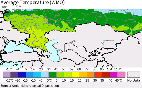 Russian Federation Average Temperature (WMO) Thematic Map For 4/1/2024 - 4/7/2024