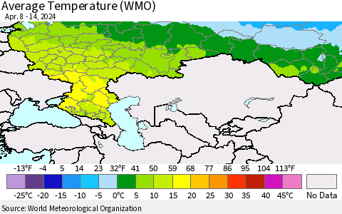 Russian Federation Average Temperature (WMO) Thematic Map For 4/8/2024 - 4/14/2024