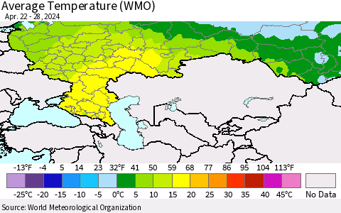 Russian Federation Average Temperature (WMO) Thematic Map For 4/22/2024 - 4/28/2024