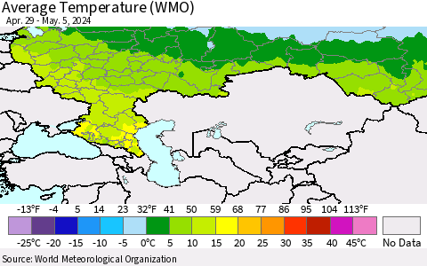 Russian Federation Average Temperature (WMO) Thematic Map For 4/29/2024 - 5/5/2024
