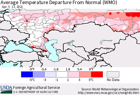 Russian Federation Average Temperature Departure from Normal (WMO) Thematic Map For 4/5/2021 - 4/11/2021