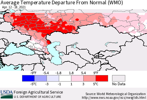 Russian Federation Average Temperature Departure from Normal (WMO) Thematic Map For 4/12/2021 - 4/18/2021