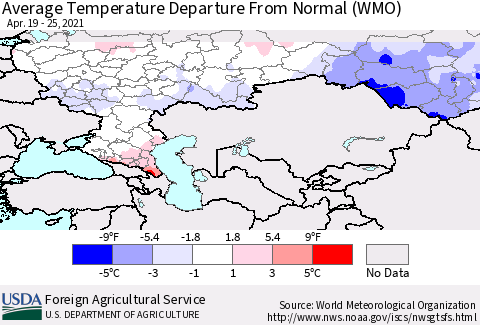 Russian Federation Average Temperature Departure from Normal (WMO) Thematic Map For 4/19/2021 - 4/25/2021