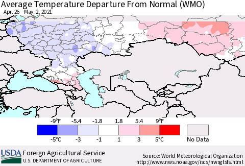 Russian Federation Average Temperature Departure from Normal (WMO) Thematic Map For 4/26/2021 - 5/2/2021