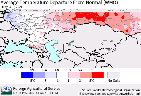 Russian Federation Average Temperature Departure from Normal (WMO) Thematic Map For 5/3/2021 - 5/9/2021