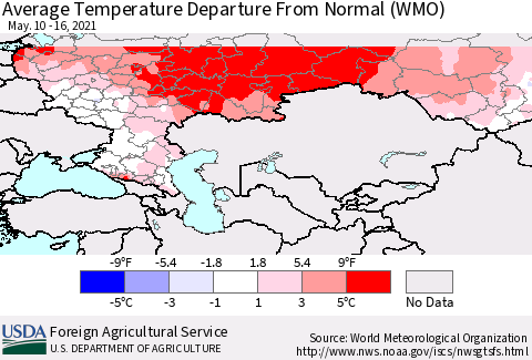 Russian Federation Average Temperature Departure from Normal (WMO) Thematic Map For 5/10/2021 - 5/16/2021