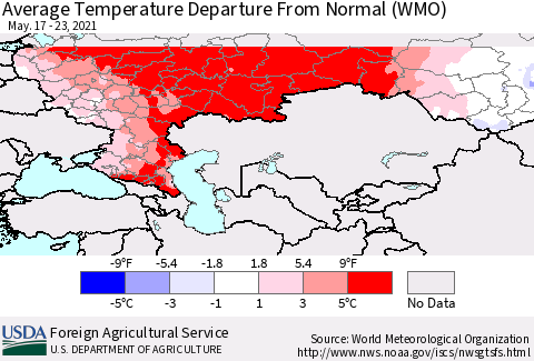 Russian Federation Average Temperature Departure from Normal (WMO) Thematic Map For 5/17/2021 - 5/23/2021