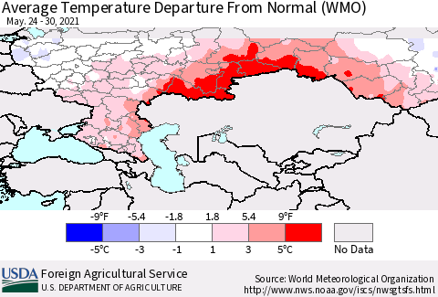 Russian Federation Average Temperature Departure from Normal (WMO) Thematic Map For 5/24/2021 - 5/30/2021