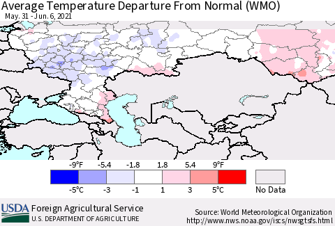 Russian Federation Average Temperature Departure from Normal (WMO) Thematic Map For 5/31/2021 - 6/6/2021