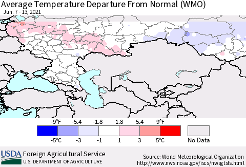 Russian Federation Average Temperature Departure from Normal (WMO) Thematic Map For 6/7/2021 - 6/13/2021