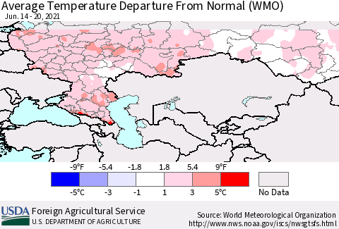 Russian Federation Average Temperature Departure from Normal (WMO) Thematic Map For 6/14/2021 - 6/20/2021