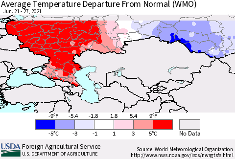 Russian Federation Average Temperature Departure from Normal (WMO) Thematic Map For 6/21/2021 - 6/27/2021