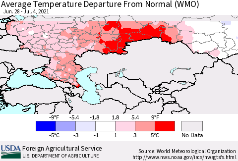 Russian Federation Average Temperature Departure from Normal (WMO) Thematic Map For 6/28/2021 - 7/4/2021