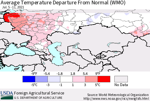 Russian Federation Average Temperature Departure from Normal (WMO) Thematic Map For 7/5/2021 - 7/11/2021