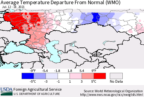 Russian Federation Average Temperature Departure from Normal (WMO) Thematic Map For 7/12/2021 - 7/18/2021