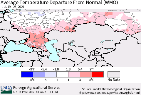 Russian Federation Average Temperature Departure from Normal (WMO) Thematic Map For 7/19/2021 - 7/25/2021