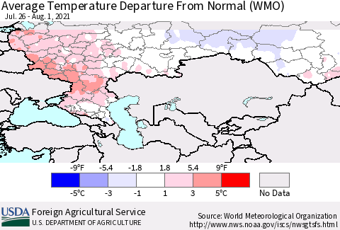 Russian Federation Average Temperature Departure from Normal (WMO) Thematic Map For 7/26/2021 - 8/1/2021