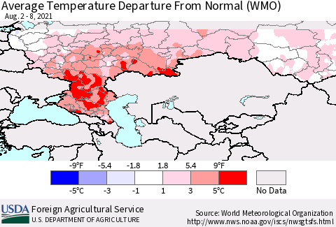 Russian Federation Average Temperature Departure from Normal (WMO) Thematic Map For 8/2/2021 - 8/8/2021