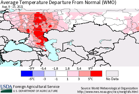 Russian Federation Average Temperature Departure from Normal (WMO) Thematic Map For 8/9/2021 - 8/15/2021