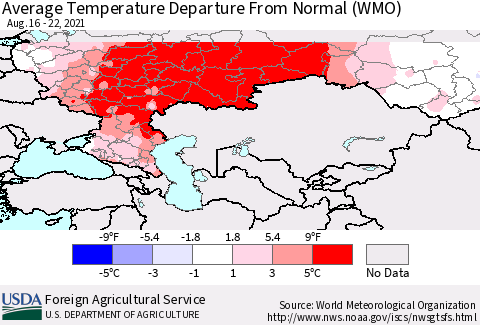 Russian Federation Average Temperature Departure from Normal (WMO) Thematic Map For 8/16/2021 - 8/22/2021