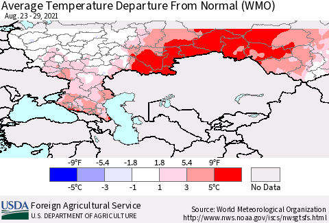 Russian Federation Average Temperature Departure from Normal (WMO) Thematic Map For 8/23/2021 - 8/29/2021