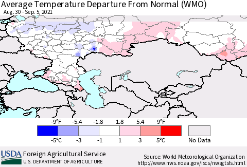 Russian Federation Average Temperature Departure from Normal (WMO) Thematic Map For 8/30/2021 - 9/5/2021