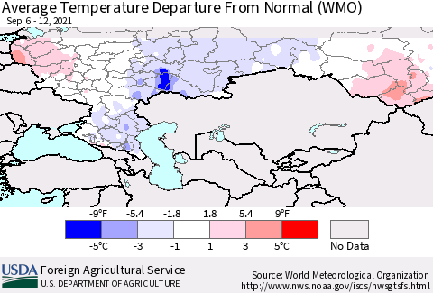 Russian Federation Average Temperature Departure from Normal (WMO) Thematic Map For 9/6/2021 - 9/12/2021