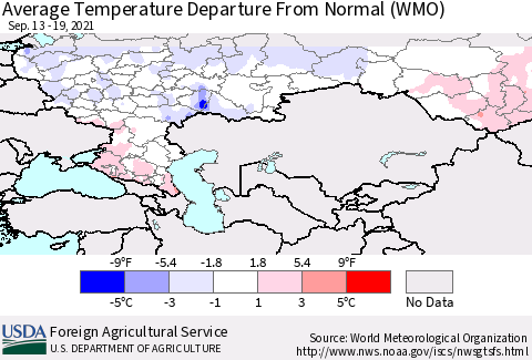 Russian Federation Average Temperature Departure from Normal (WMO) Thematic Map For 9/13/2021 - 9/19/2021