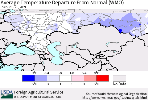 Russian Federation Average Temperature Departure from Normal (WMO) Thematic Map For 9/20/2021 - 9/26/2021