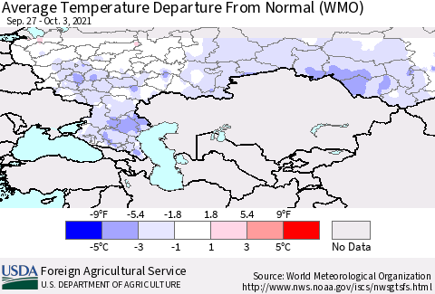 Russian Federation Average Temperature Departure from Normal (WMO) Thematic Map For 9/27/2021 - 10/3/2021
