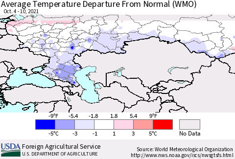 Russian Federation Average Temperature Departure from Normal (WMO) Thematic Map For 10/4/2021 - 10/10/2021