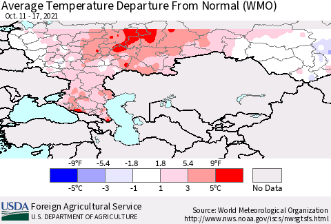 Russian Federation Average Temperature Departure from Normal (WMO) Thematic Map For 10/11/2021 - 10/17/2021