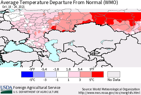 Russian Federation Average Temperature Departure from Normal (WMO) Thematic Map For 10/18/2021 - 10/24/2021