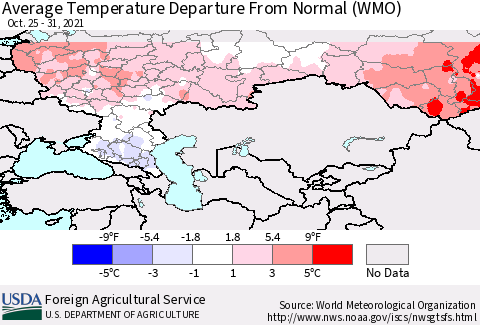 Russian Federation Average Temperature Departure from Normal (WMO) Thematic Map For 10/25/2021 - 10/31/2021