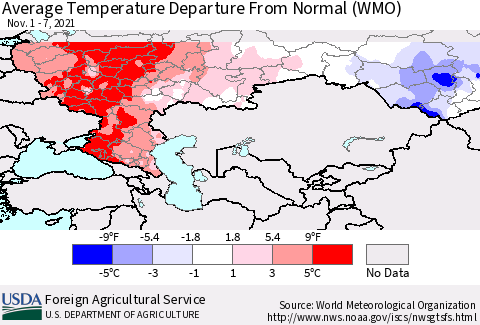 Russian Federation Average Temperature Departure from Normal (WMO) Thematic Map For 11/1/2021 - 11/7/2021