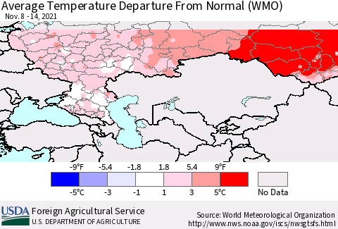 Russian Federation Average Temperature Departure from Normal (WMO) Thematic Map For 11/8/2021 - 11/14/2021
