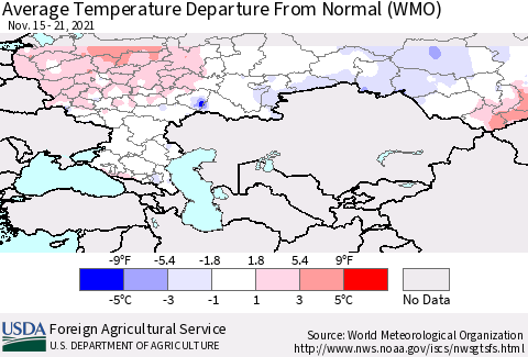 Russian Federation Average Temperature Departure from Normal (WMO) Thematic Map For 11/15/2021 - 11/21/2021