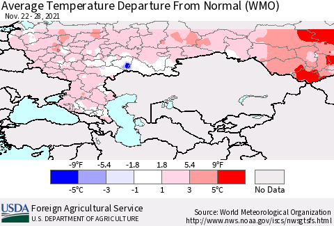 Russian Federation Average Temperature Departure from Normal (WMO) Thematic Map For 11/22/2021 - 11/28/2021