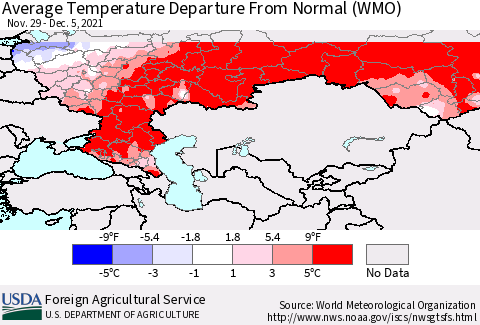 Russian Federation Average Temperature Departure from Normal (WMO) Thematic Map For 11/29/2021 - 12/5/2021