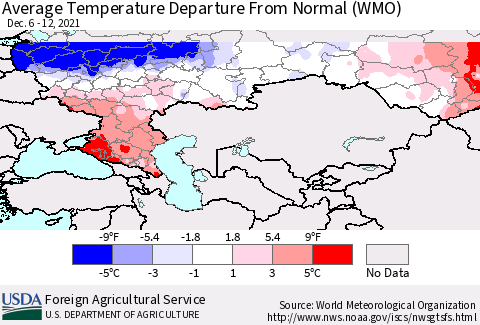 Russian Federation Average Temperature Departure from Normal (WMO) Thematic Map For 12/6/2021 - 12/12/2021