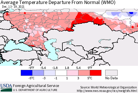 Russian Federation Average Temperature Departure from Normal (WMO) Thematic Map For 12/13/2021 - 12/19/2021