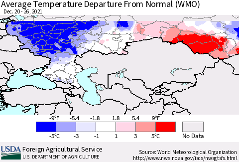 Russian Federation Average Temperature Departure from Normal (WMO) Thematic Map For 12/20/2021 - 12/26/2021