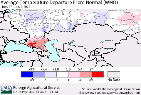 Russian Federation Average Temperature Departure from Normal (WMO) Thematic Map For 12/27/2021 - 1/2/2022