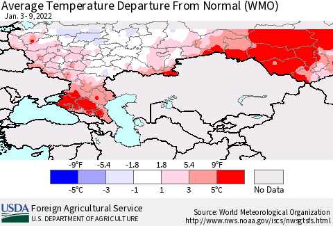Russian Federation Average Temperature Departure from Normal (WMO) Thematic Map For 1/3/2022 - 1/9/2022