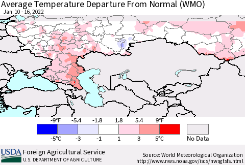 Russian Federation Average Temperature Departure from Normal (WMO) Thematic Map For 1/10/2022 - 1/16/2022