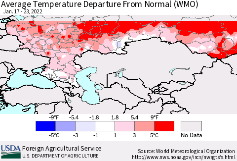 Russian Federation Average Temperature Departure from Normal (WMO) Thematic Map For 1/17/2022 - 1/23/2022